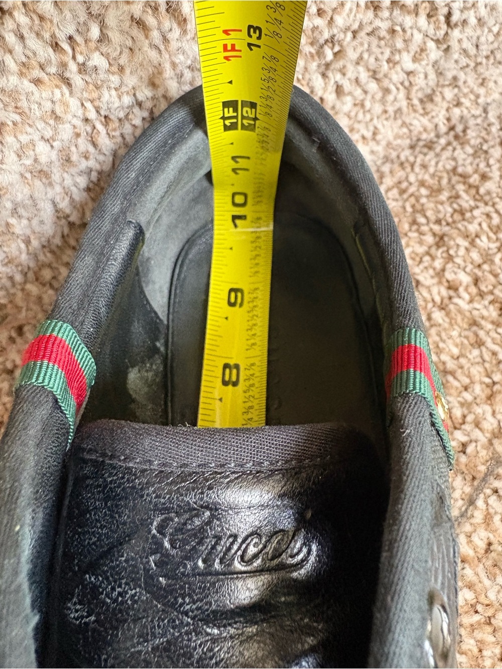 Gucci Women’s Black Leather Lace up Sneakers with Green-Red Heel Trim - Picture 13 of 14